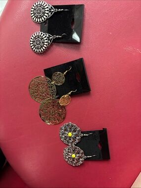 Intricate Filigree Round Drop Earrings - Gold and Silver - Bundle of three